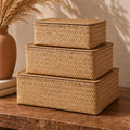 Decorative Wicker Storage Boxes with Lids - Set of 3 Seagrass Organizers