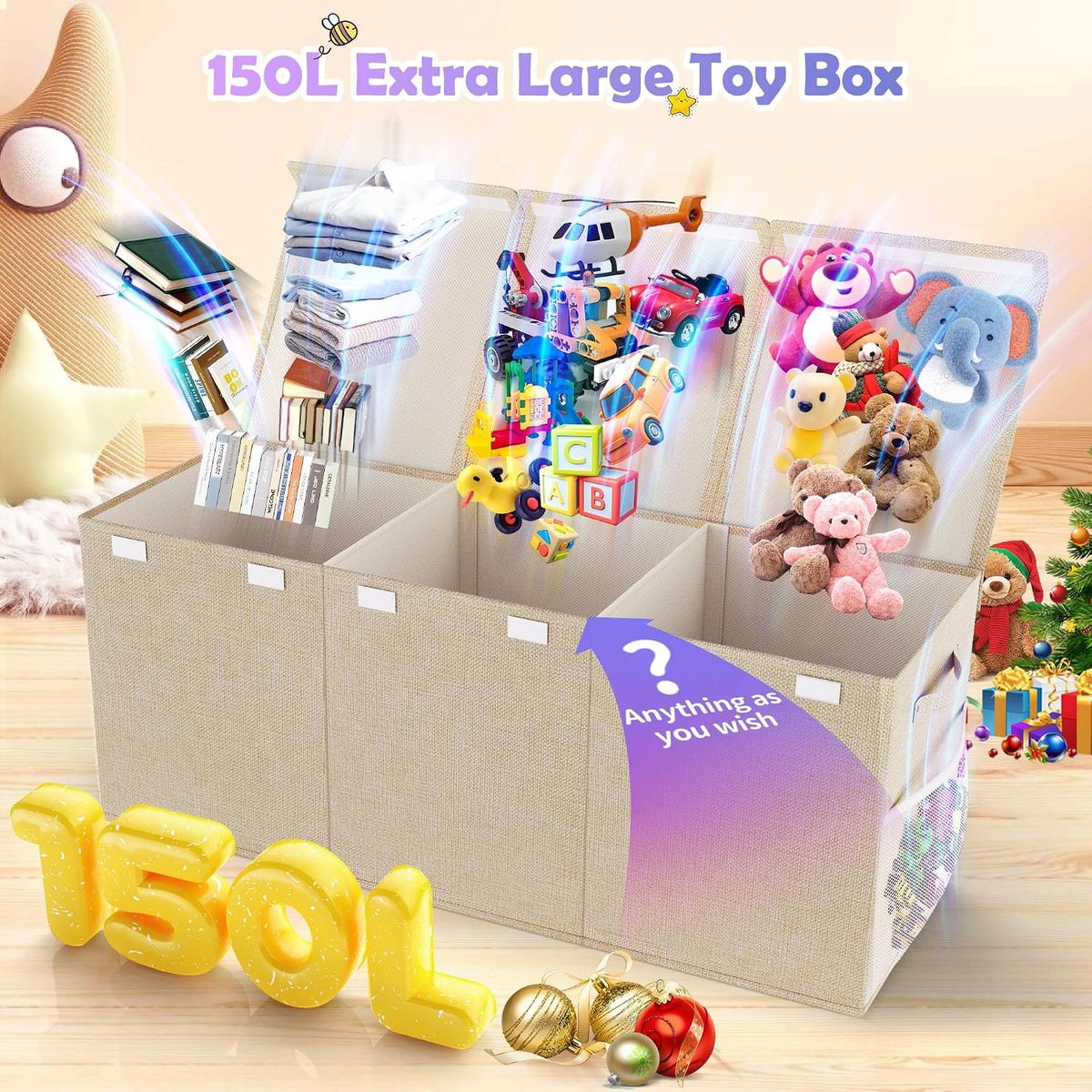 Extra Large Toy Box, Collapsible Toy Storage Organizer, 40"x16"x16", Beige