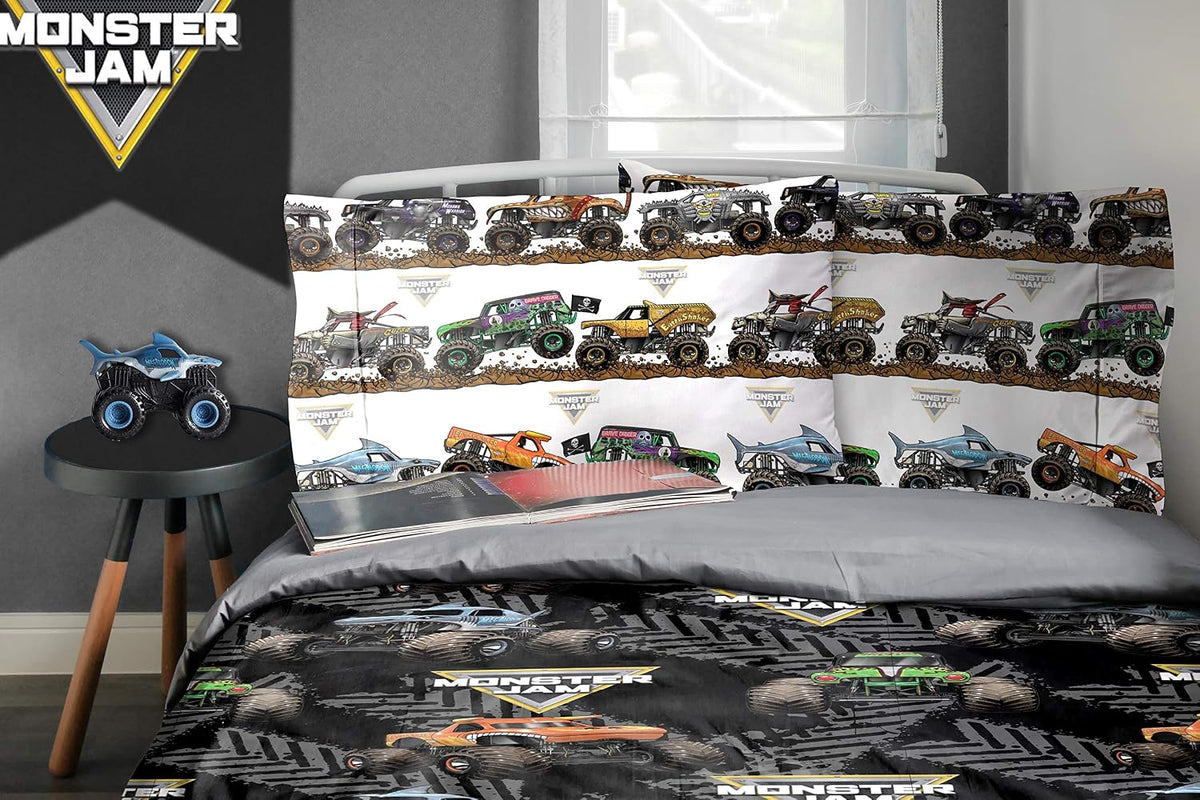 Monster Jam Full Size Comforter Set 5 Piece Kids Bedding for Boys, Black