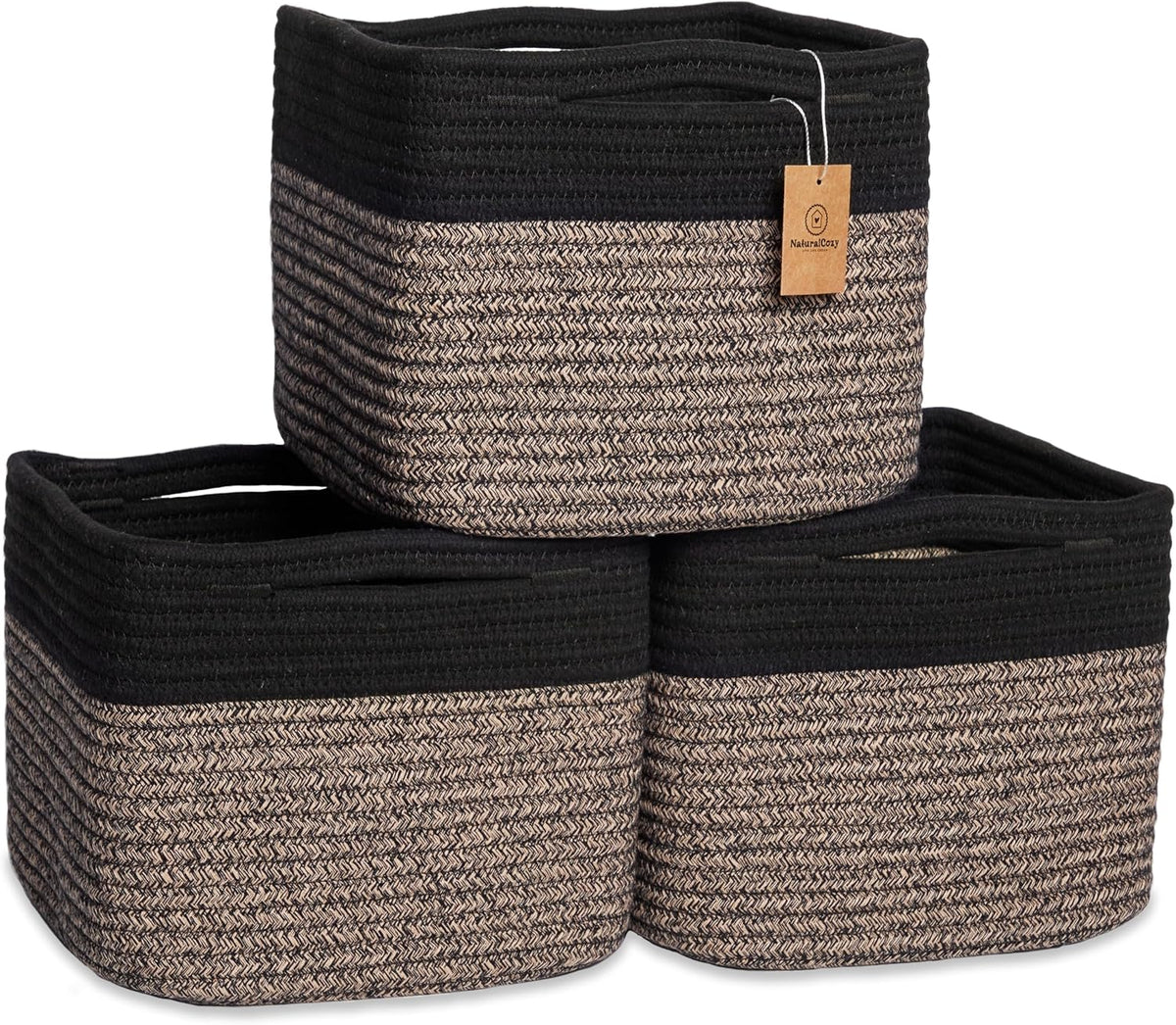 Storage Cubes 9”x9”x7”Cotton Rope Woven Baskets for Organizing 3-Pack | 9 Inch Cube Storage Bin | Small Basket for Shelf Nursery, Pantry, Decorative Plant, Bathroom Closet, Toy Gift