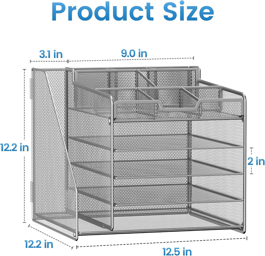 5-Tier Metal Mesh Desk Organizer with File Holder & 7 Customizable Compartments | Paper Letter Tray for Office or Home Desk Storage | Keep Workspace Supplies Neat & Organized, Silver