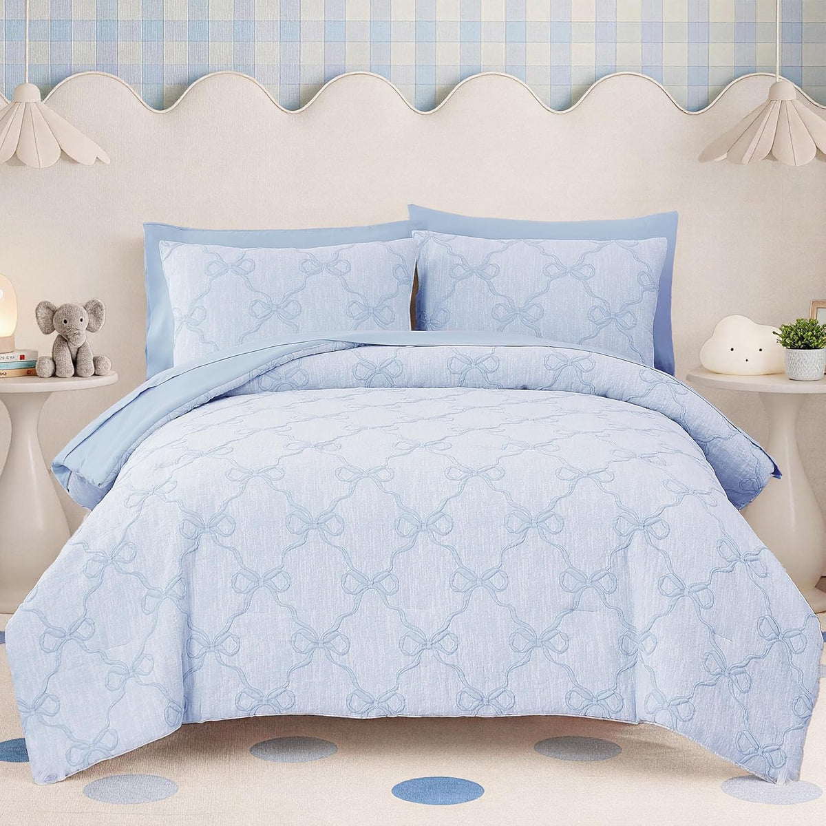 Full Size Comforter Sets for Girls - 7 Pieces Blue Bow Bed in a Bag