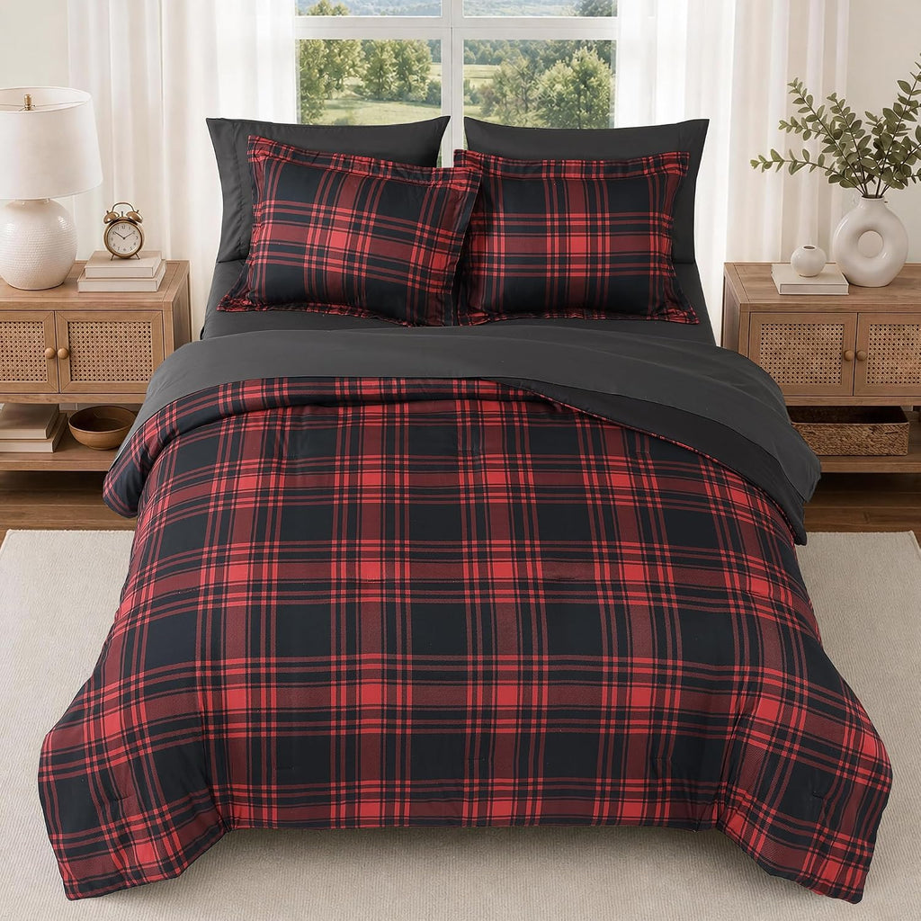 MaiRêve Plaid Queen Comforter Set Red Black 7 Pieces Bed in a Bag