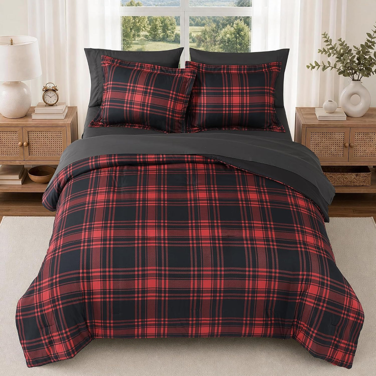 MaiRêve Plaid Queen Comforter Set Red Black 7 Pieces Bed in a Bag