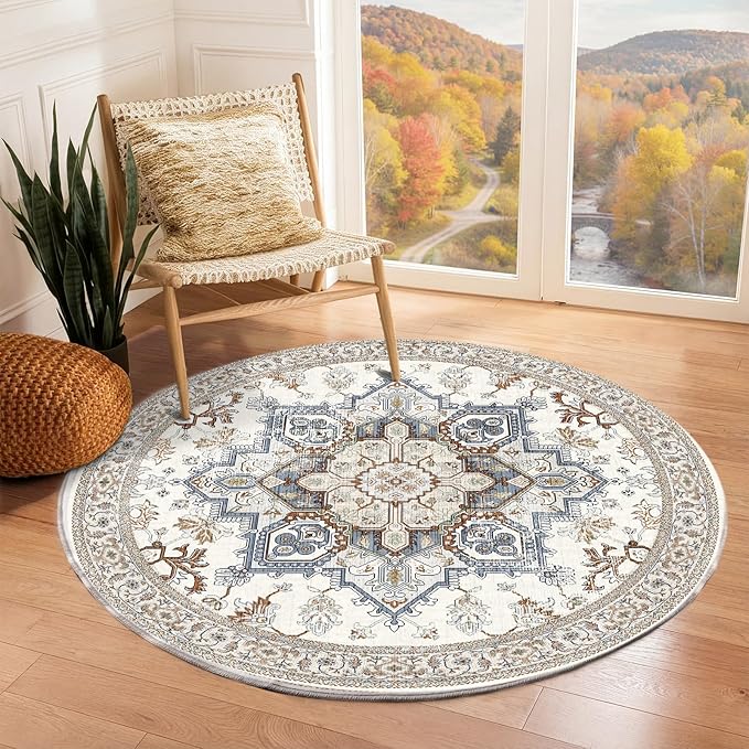 OPPODREAM Soft Round Rug 3ft, Neutral Washable Circle Rug 3ft by OPPODREAM