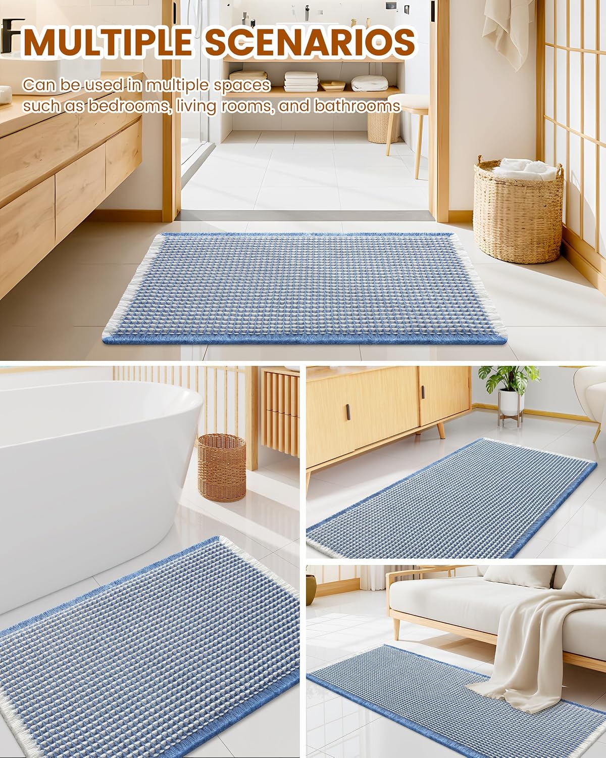 Smiry Waffle Bath Mat 30X18, Soft Absorbent Bathroom Rugs, Blue & Cream