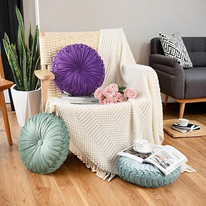 HIG Set of 2 Decorative Round Pleated Throw Pillows, Classy Accent Pumpkin - Image 5