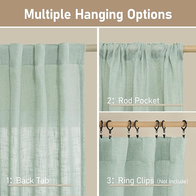 LAMIT Short Linen Window Curtains 40 Inch Length 2 Panels, Light Sage Semi - Image 3