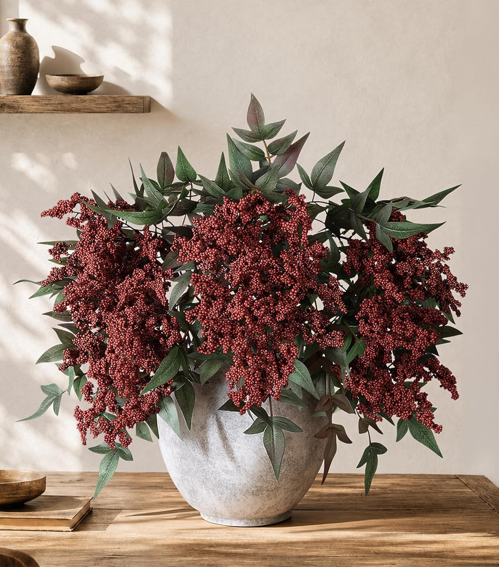 Artificial Flowers 35 Inch Artificial Nandina Berry Stem 3 Pcs Faux Flowers for Vase Realistic Sedum Spray for DIY Bouquet, Shower, Farmhouse, Mantel, Home Decor(Burgundy)
