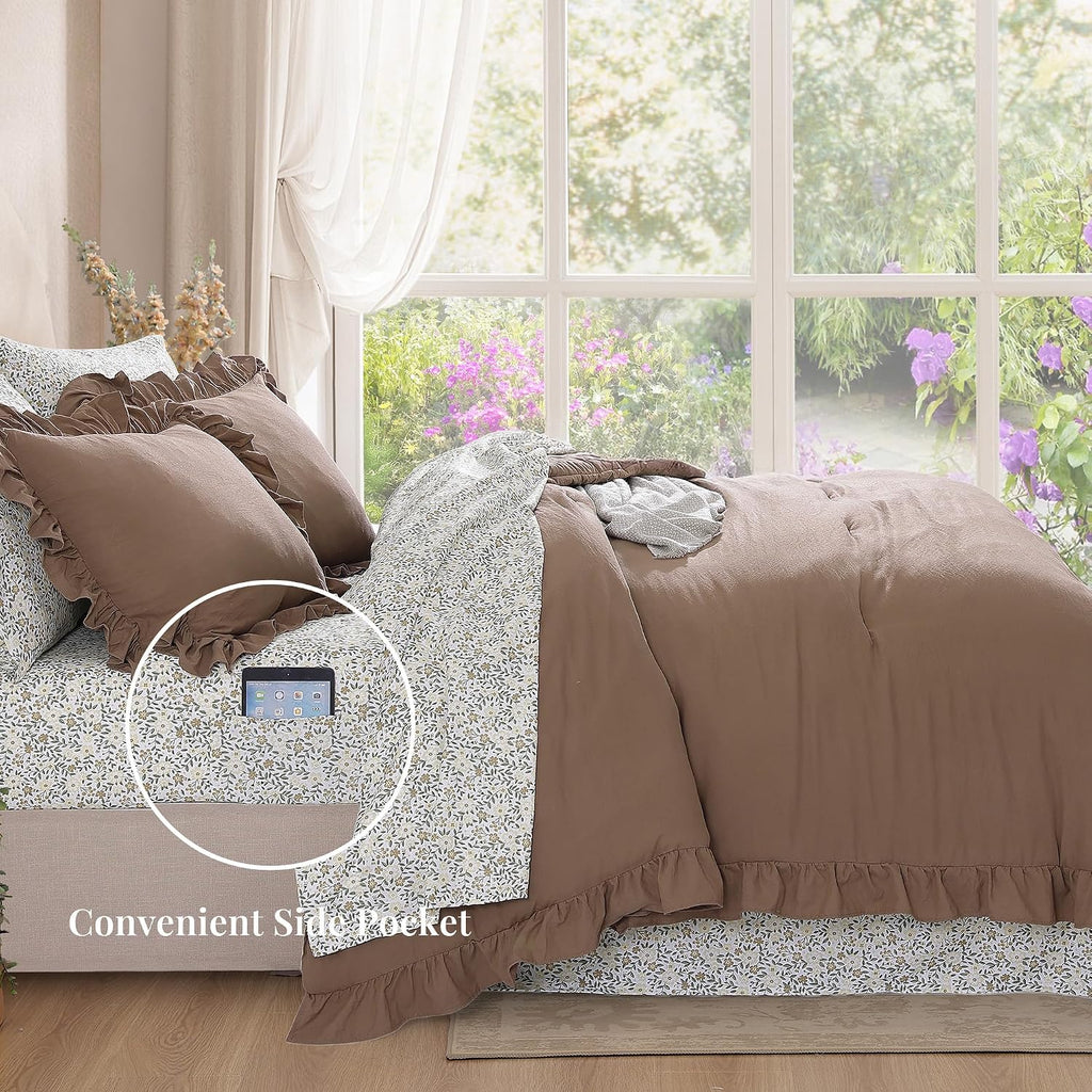 BLOOMHAVEN Queen Comforter Set-7 Pieces Ruffle Bedding with Floral Sheet