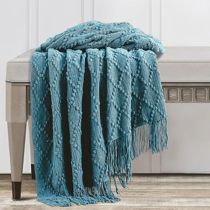 BOURINA Teal Throw Blanket 50 x70 Inches Jacquard Argyle Throw Textured Solid - Image 5