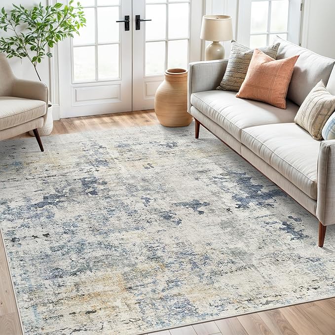 Abstract Rug 5x7 Machine Washable Area Indoor Blue Yellow Low Pile Non-Slip - Image 4