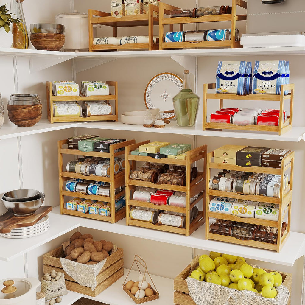 BAMBANG Can Organizer for Pantry, 4 Tier Stackable Bamboo Canned Food Storage Rack, Rolling Soda Can Dispenser Holds Up to 48 Cans, Detachable Can Organizer for Cabinet, Natural