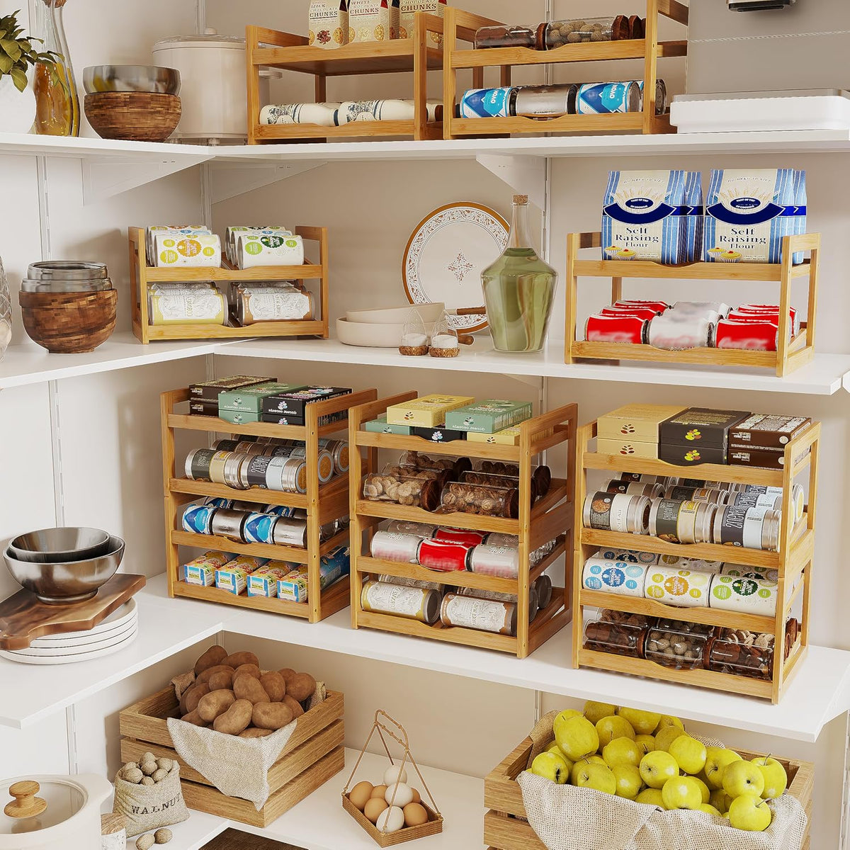 BAMBANG Can Organizer for Pantry, 4 Tier Stackable Bamboo Canned Food Storage Rack, Rolling Soda Can Dispenser Holds Up to 48 Cans, Detachable Can Organizer for Cabinet, Natural