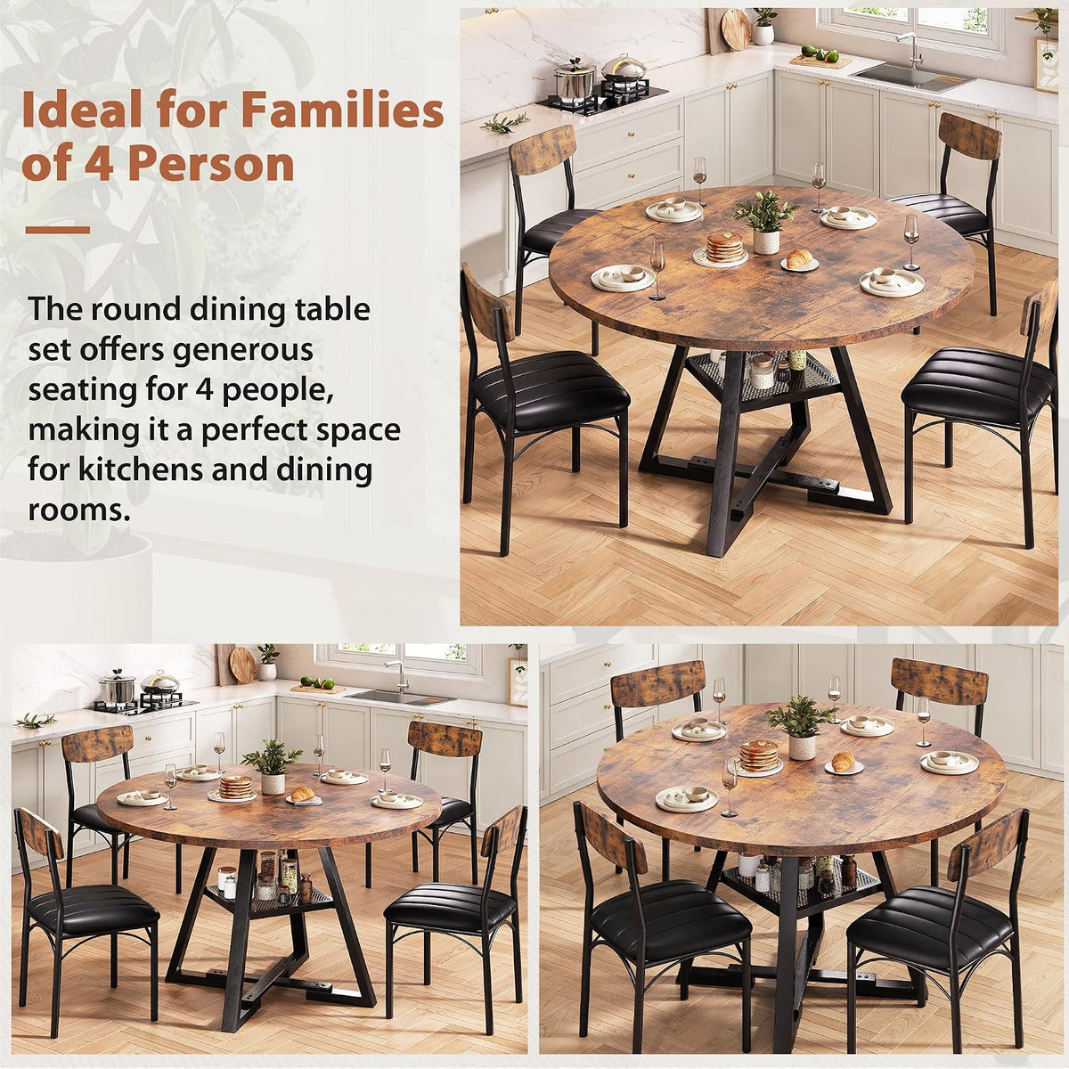 Dining Table Set for 4,Kitchen Table and Chairs for 4, Round Dining Room Table with Upholstered Chairs, 5 Piece Space Saving Circle Wood Kitchen & Dining Room Dinner Dinette Table Set (Vintage, 42In)