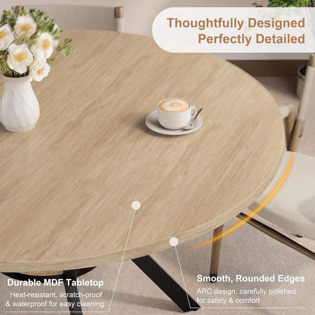 MECHYIN 42'' Round Dining Table for 2–4, Farmhouse Round Kitchen Table with Storage Shelf, Pedestal Dinner Table, Wood Top & Metal Base, Small Space Table for Apartment, Dining Room, Light Oak