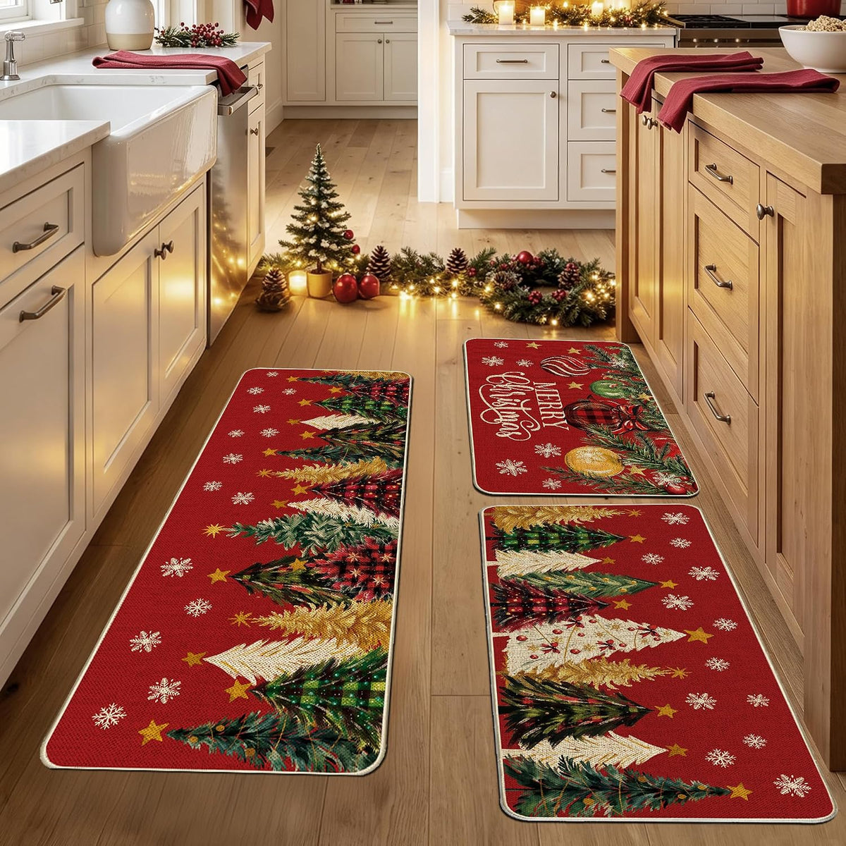 Red Christmas Tree Kitchen Rugs Set of 3, Non Slip Rubber Backing