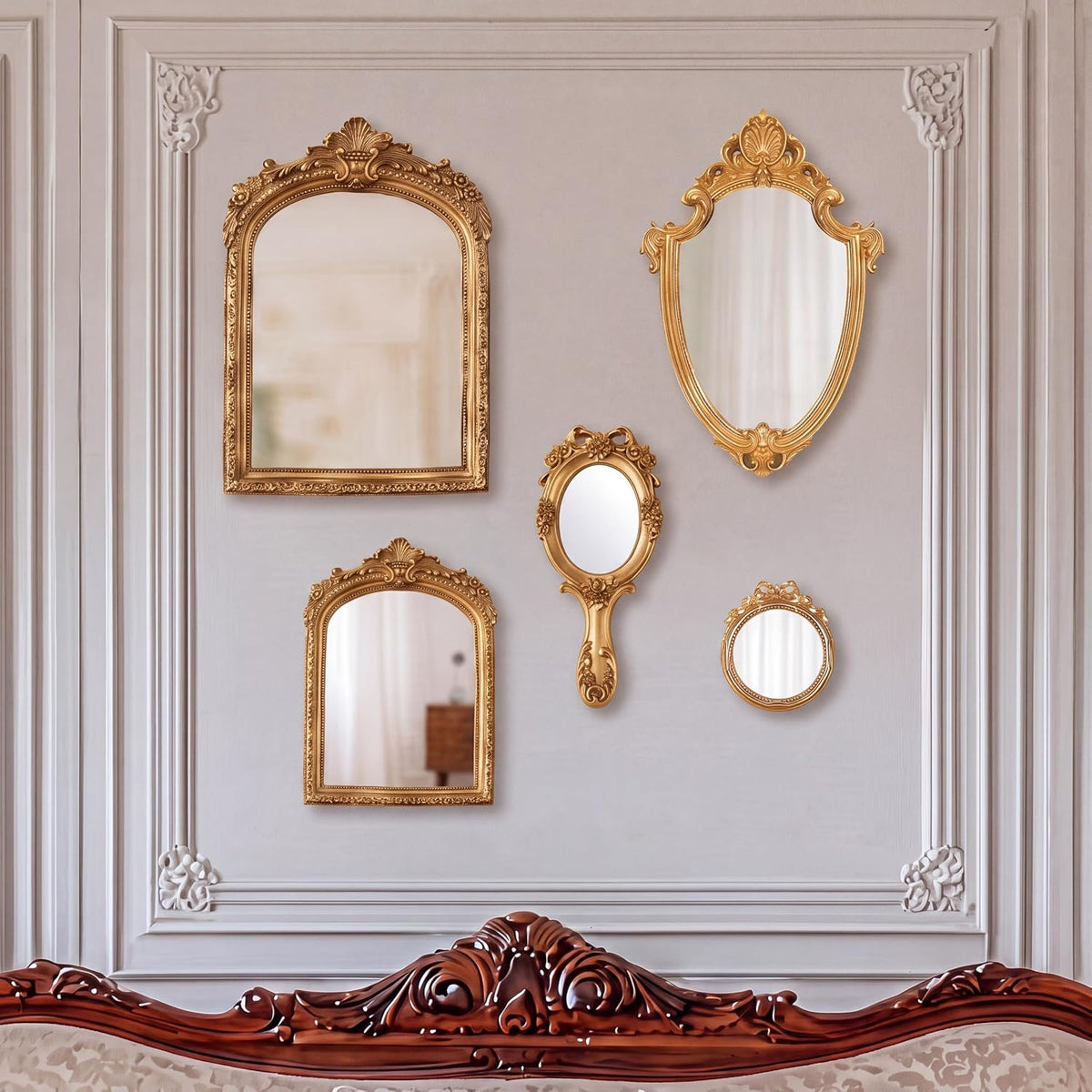 5 Pcs Vintage Gold Wall Mirror Set, 13in/8in/7in/4in, Classic Style