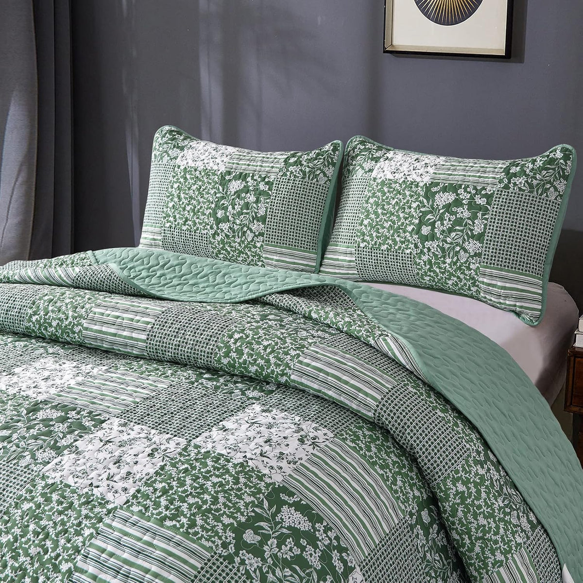 Mybedsoul Boho Quilt King Size, Patchwork Floral Bedding Set, Green