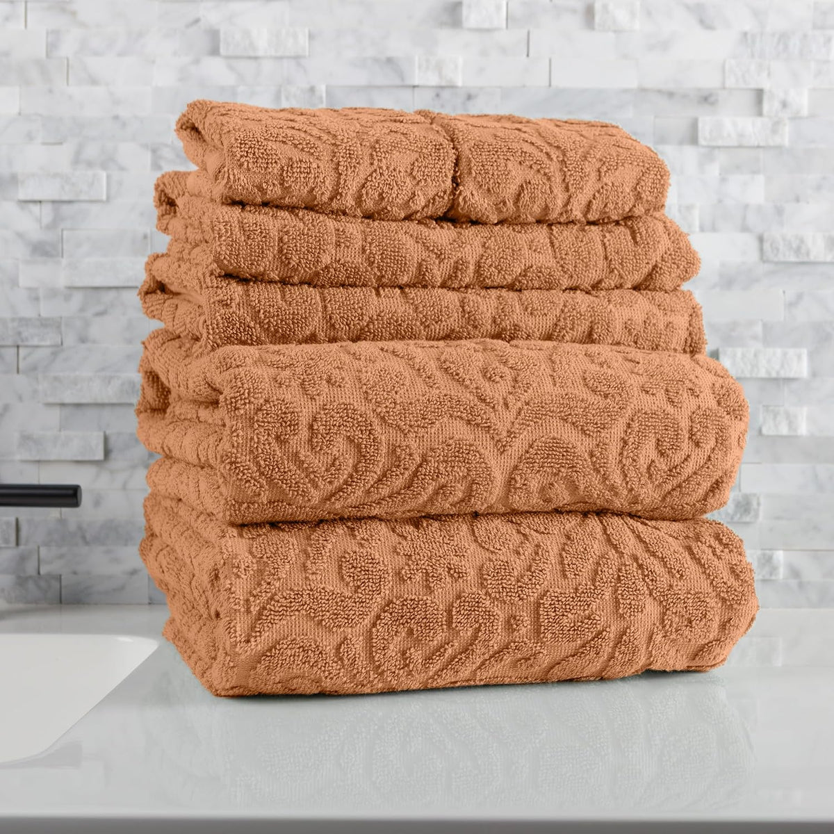 6PC Jacquard Towel Set - 500GSM 100% Cotton Bathroom Accessories - 2 Bath Towels, 2 Hand Towels and 2 Wash Cloths - Soft and Absorbent Bathroom Set for Shower, Gym, Dorm, and Spa by Lavish Home (Clay)