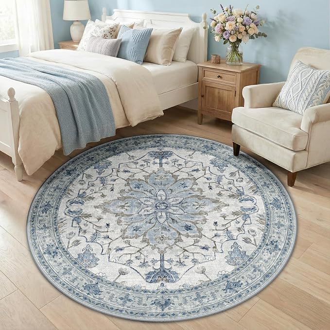 RELEANY Area Rugs 5ft Washable Non-Slip, Floral Vintage Distress Print Pattern by RELEANY