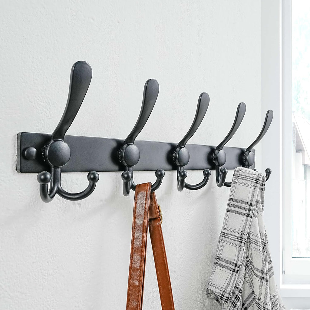 Coat Rack Wall Mount, Heavy Duty 12-Gauge Base vs Flimsy 1mm, Double-Thick Solid Anti-Snap Hooks, 16” Stud-Mount, Stainless Steel Hanger for Clothes Hat Entryway Closet Mudroom, Black
