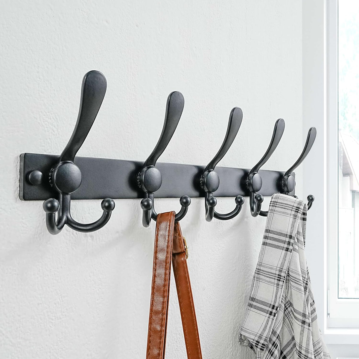 Coat Rack Wall Mount, Heavy Duty 12-Gauge Base vs Flimsy 1mm, Double-Thick Solid Anti-Snap Hooks, 16” Stud-Mount, Stainless Steel Hanger for Clothes Hat Entryway Closet Mudroom, Black