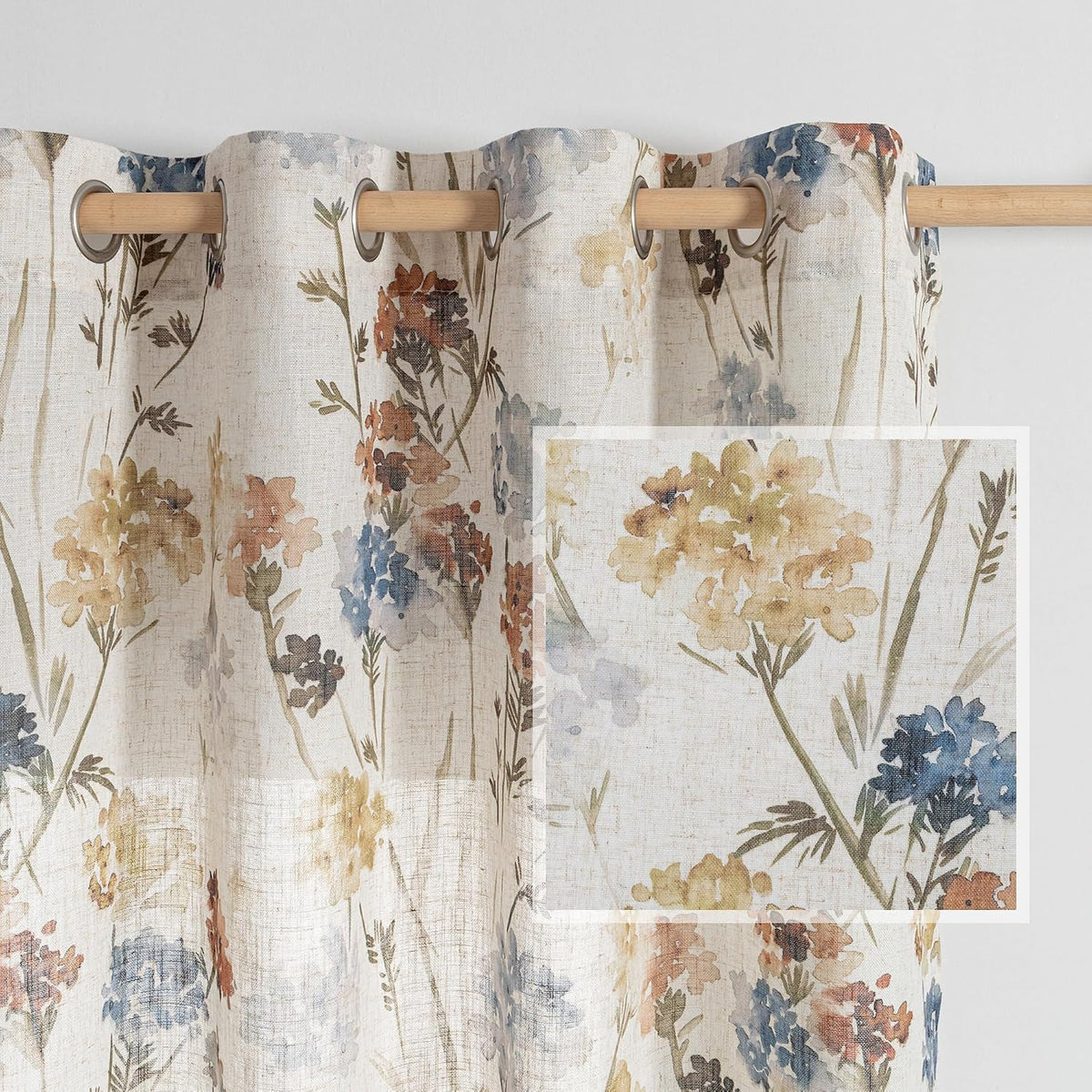 MYSKY HOME Floral Linen Curtains 84 inch Length 2 Panels Set Summer Flower Patterned Semi Sheer Light Filtering Privacy Farmhouse Grommet Drapes for Living/Dining Room, Yellow, W52 x L84, Pack-2