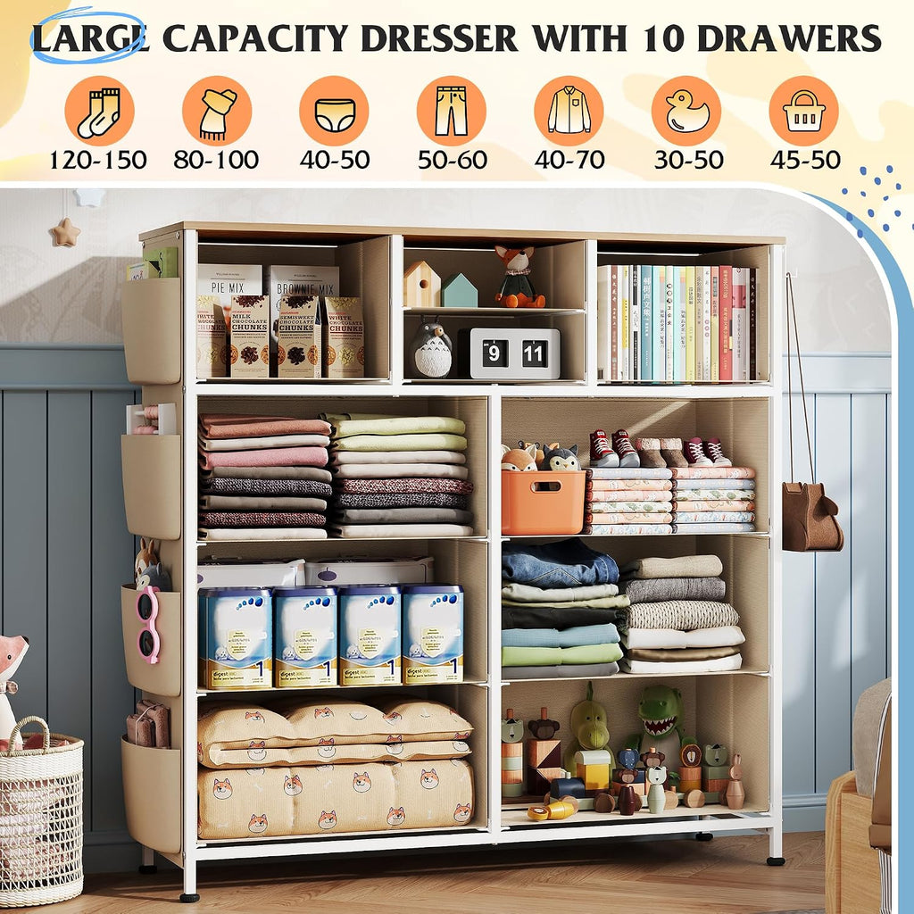 WLIVE 10 Drawer Fabric Dresser for Bedroom, Side Pocket Chest, Cream White