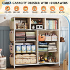 WLIVE 10 Drawer Fabric Dresser for Bedroom, Side Pocket Chest, Cream White