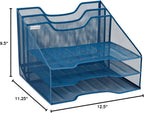 Mind Reader Metal Mesh Desktop File Organizer, 3-Tier Paper Tray with 5 Compartments, Office Mail Sorter, Turquoise