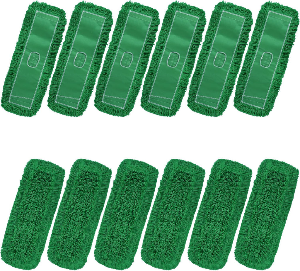 Matthew Cleaning 24'' Industrial Strength Cotton Dust Mop Refill Washable Replacement Heads for Residential & Commercial Use Fit Standard Dust Mop Frames, Hardwood,Concrete Floors Green 12 Pack