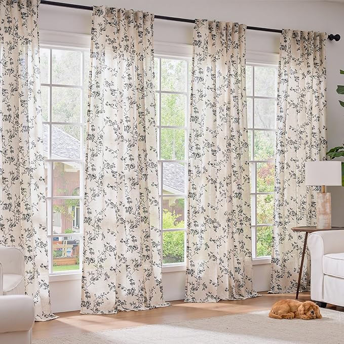 Lazzzy Farmhouse Linen Curtains Black Floral Curtains 90 Inch Length Back Tab - Image 3