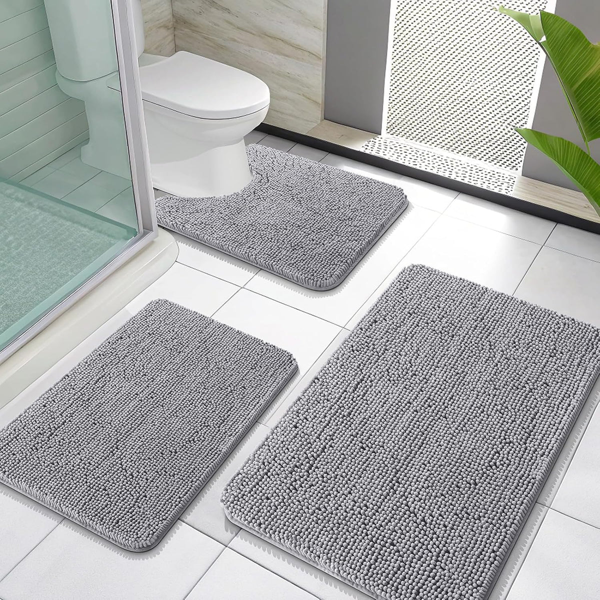 OLANLY Chenille Bathroom Rugs Sets 3 Piece, 30"x20"+24"x16"+24"x20", Grey
