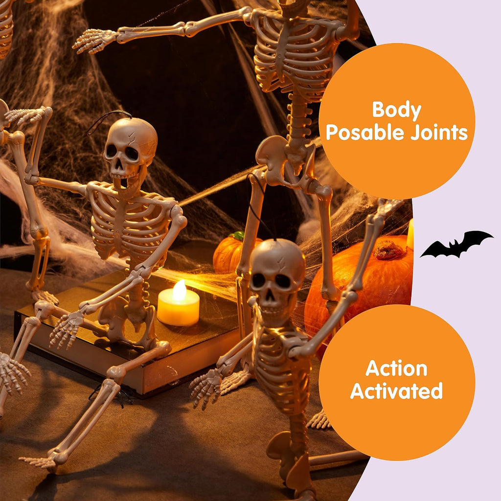 JOYIN 5 PCS Posable Halloween Skeleton Decor 16 Inches, Full Body Posable Joints Hanging Skeletons for Halloween Decorations, Graveyard Props, Haunted House Accessories, Spooky Scene Party Favors