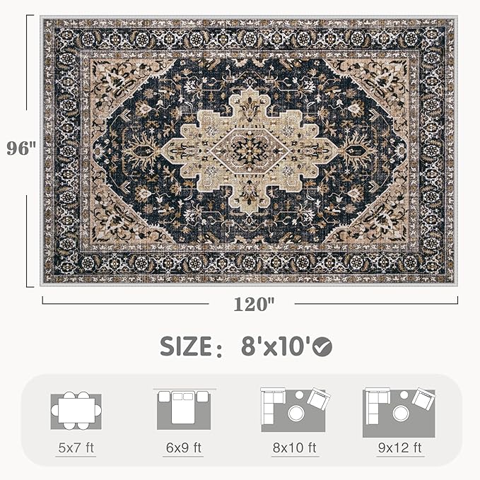 Area Rug 8x10 Vintage Rugs: Large Washable Living Room Rug Retro Medallion - Image 2