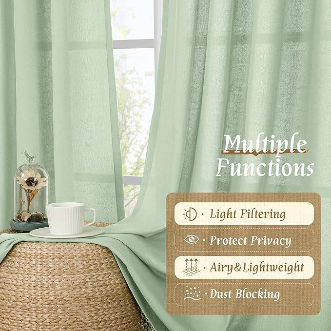 LAMIT Light Green Linen Window Curtains 63 Inch Length, Light Filtering Neutral - Image 9