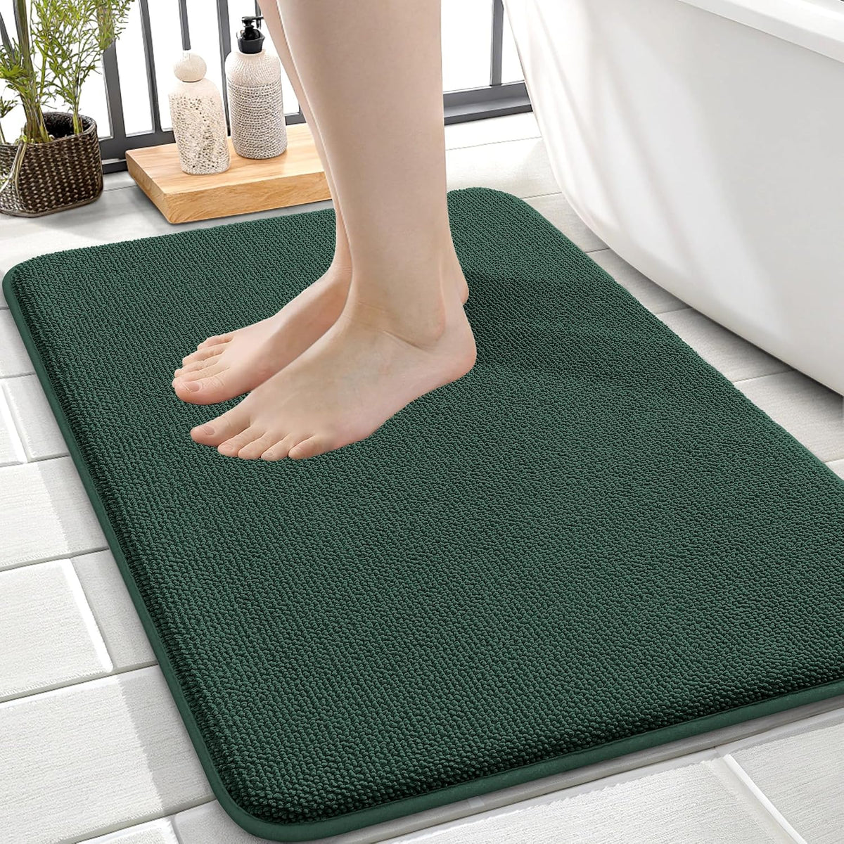 OLANLY Memory Foam Small Bathroom Rugs 24x16, Absorbent Mat, Blackish Green