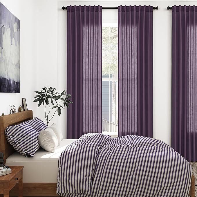 Plum Linen Curtains 102 Inches Long Rod Pocket Back Tab Drapes 2 Panels Set - Image 7