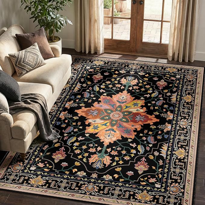 Area Rugs 5'x7' Washable Non-Slip, Floral Vintage Distress Print Pattern - Image 3