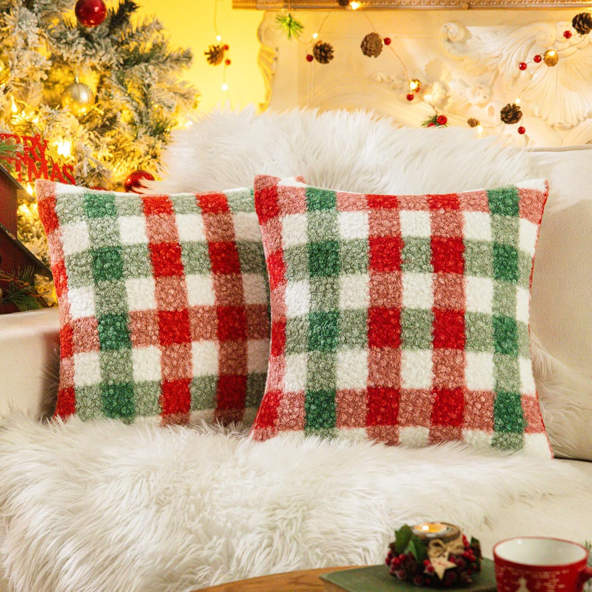 AQOTHES Plaid Fall Throw Pillow Covers Orange 18x18 Inch Set of 2