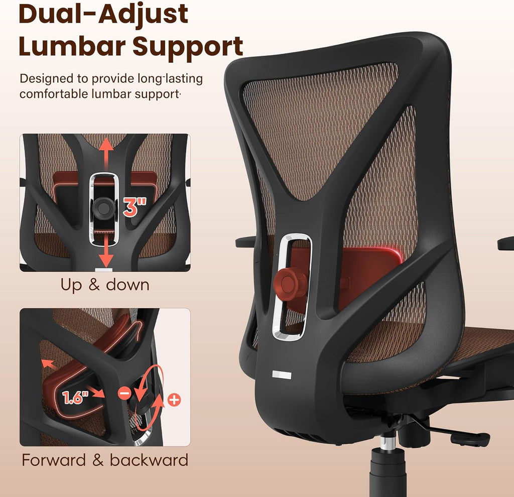 Ergonomic Office Chair, Mesh Computer Desk Chairs with BIFMA X5.1 Certified, Adjustable Lumbar Support, 3D Arm, Tilt Back, Wide Seat, Comfy Swivel Work Task Chair for Company and Home (Sunset Orange)