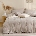 TOCOMOA Tan Gingham Duvet Cover Bedding Set Washed Cotton Like Linen, Queen