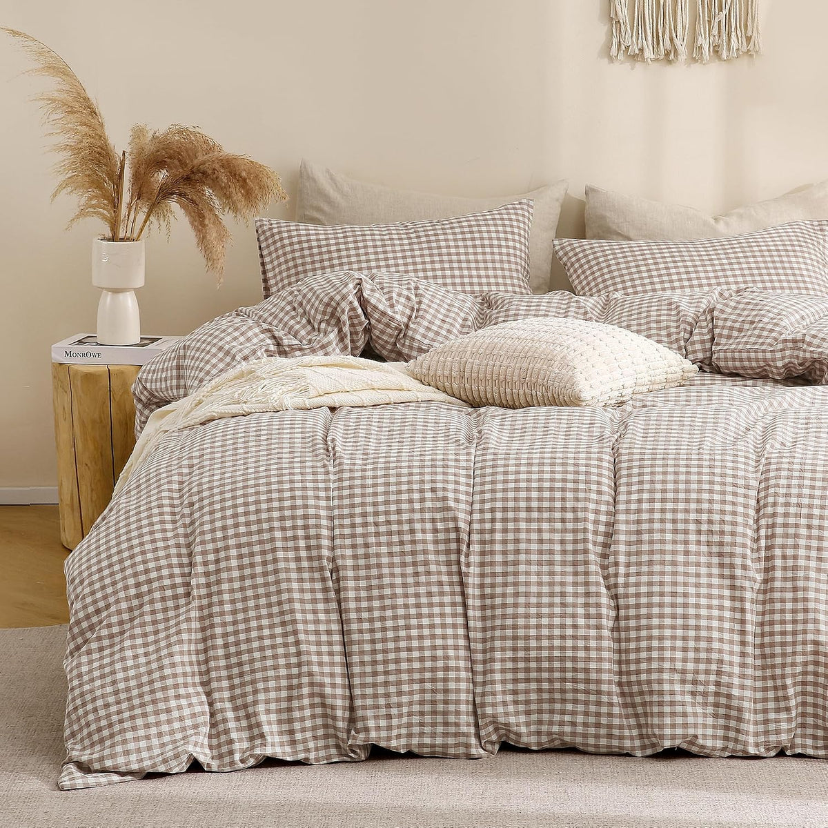 TOCOMOA Tan Gingham Duvet Cover Bedding Set Washed Cotton Like Linen, Queen