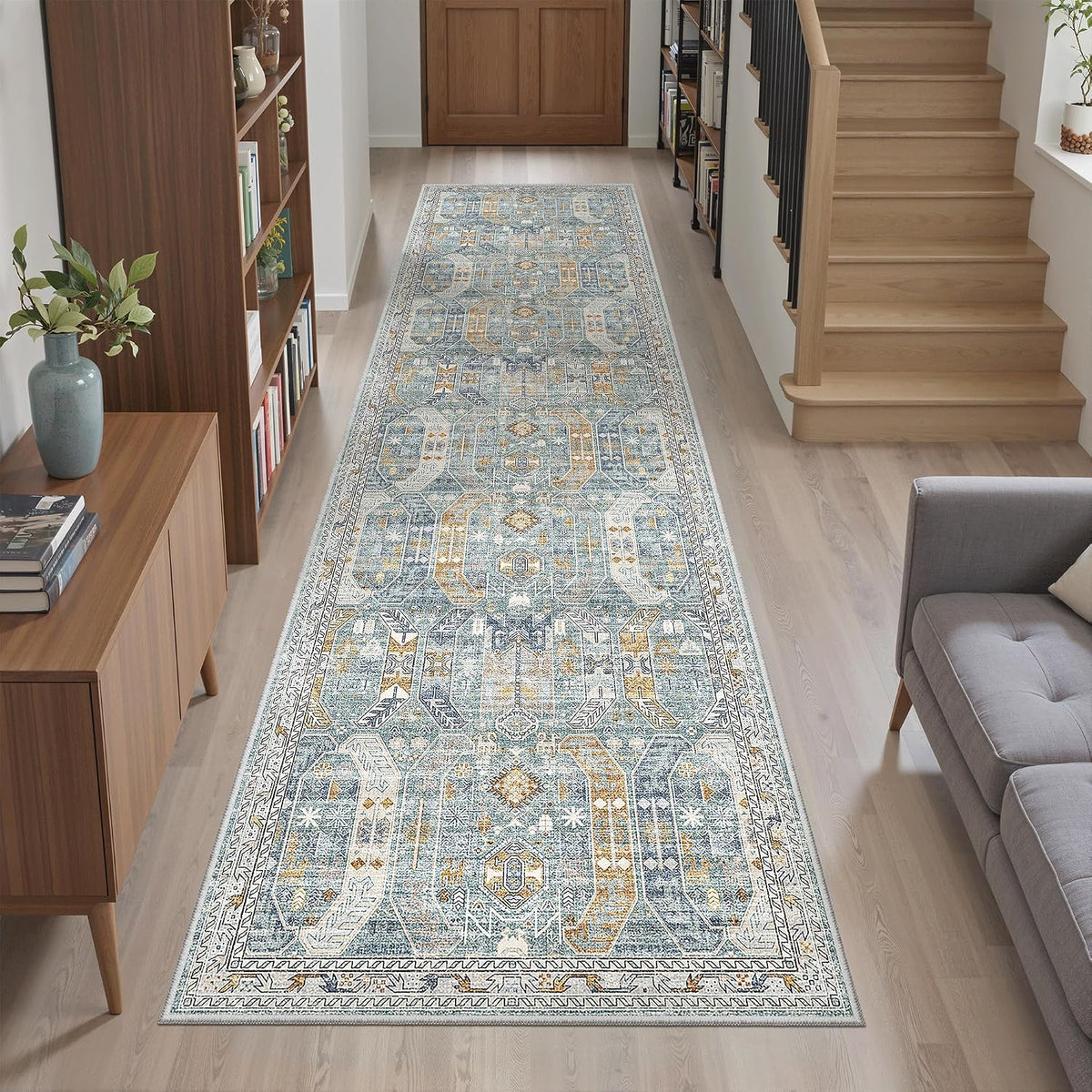 Madane Hallway Runner Rug 2x8 Washable Kitchen Rugs Non-Slip, Blue/Gold