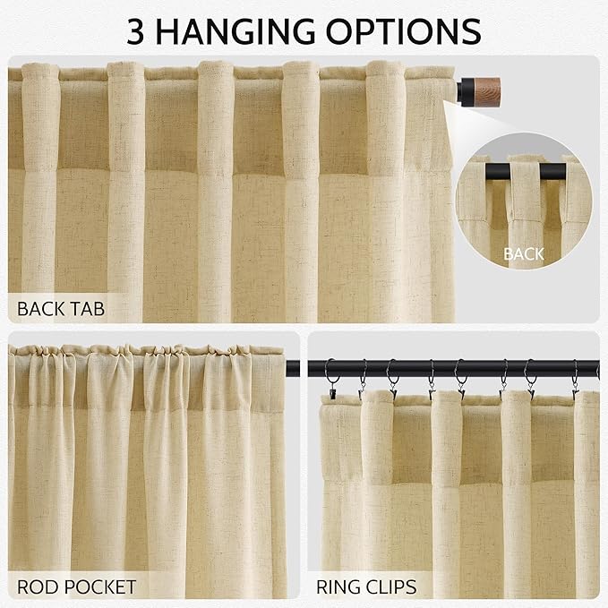 Nanspring Cream Yellow Linen Curtains 90 Inches Long - Image 2