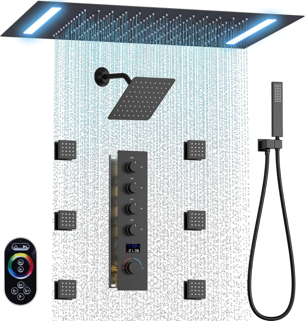 Bathroom Shower System with 14x20 Inch Ceiling Mount LED Head & 8 Inch Wall Head and Handheld Shower 4 Function Valve with body jets,Matte Black