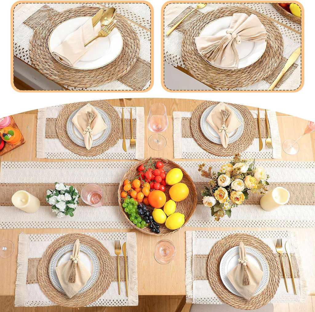 6 Sets Boho Table Runner and Woven Round Placemats Set, Khaki, 12x72