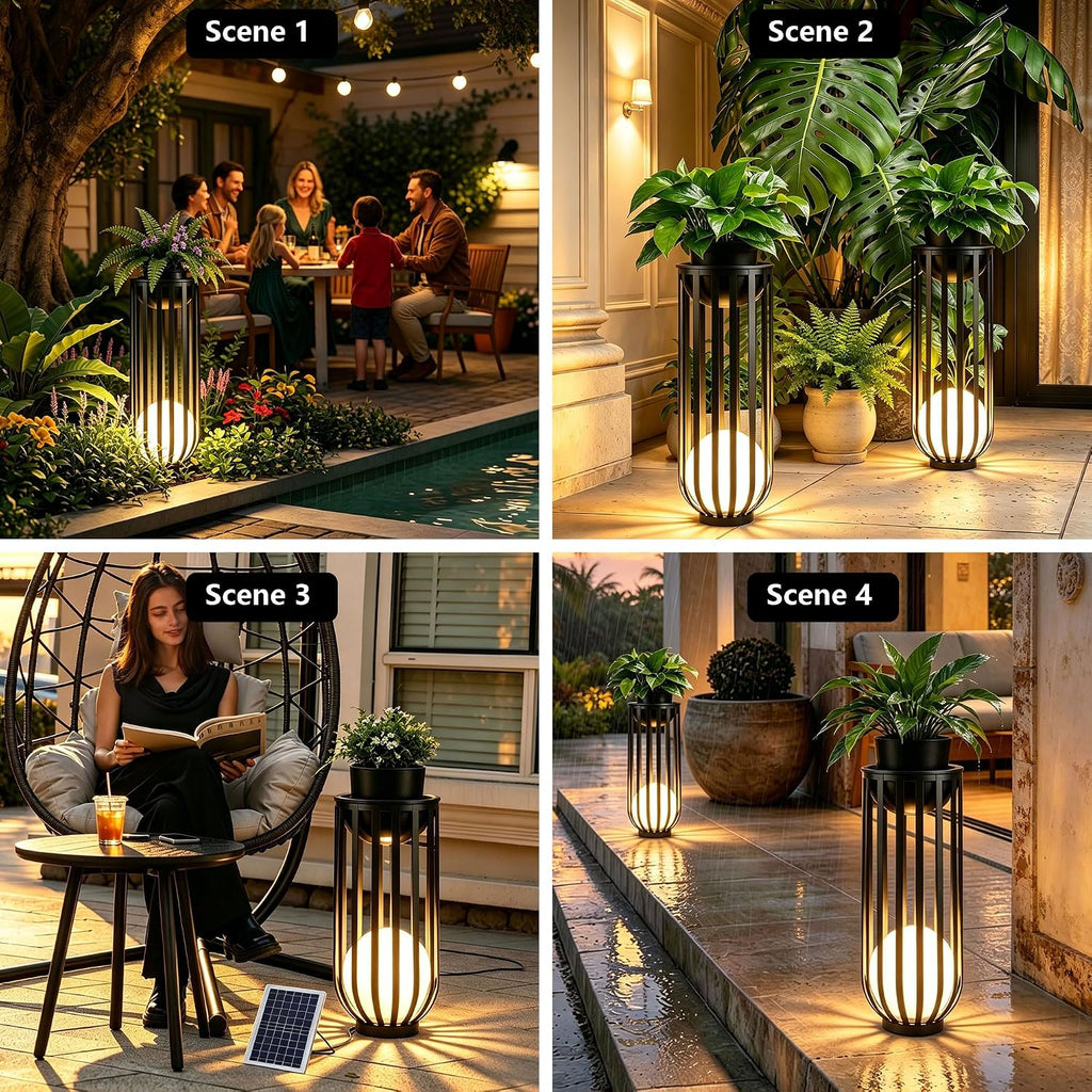 24'' Solar Outdoor Plant Stand,Black metal material with remote control