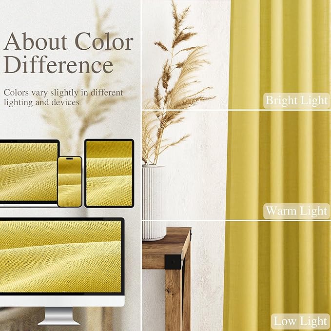Celery Yellow Linen Curtains 102 Inches Long 2 Panel Set Back Tab Rod Pocket - Image 3